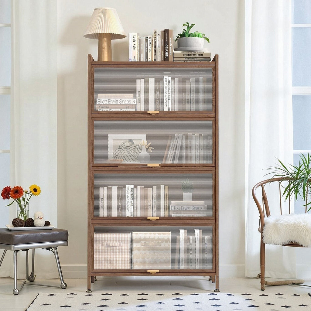 57'' Tall Metal 4 Flip Doors Cabinet, with Ample Storage Space for Bedroom, Office, Living Room, Hallway, Entryway (Walnut) Storage Cabinet