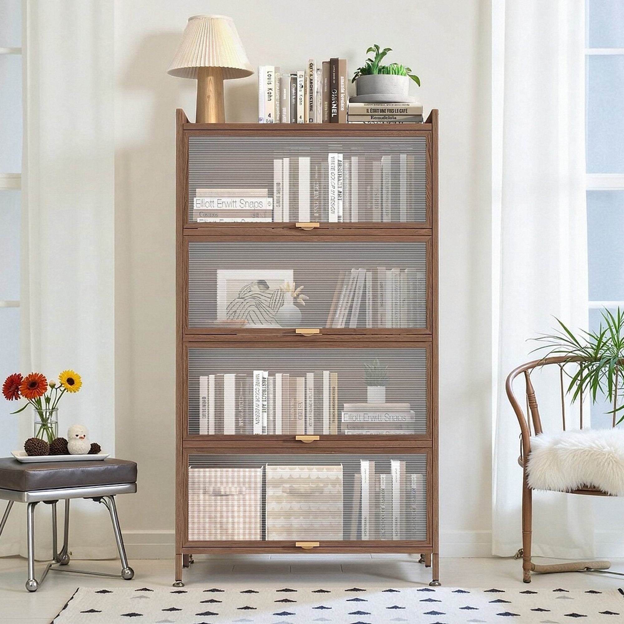 57'' Tall Metal 4 Flip Doors Cabinet, with Ample Storage Space for Bedroom, Office, Living Room, Hallway, Entryway (Walnut) Storage Cabinet