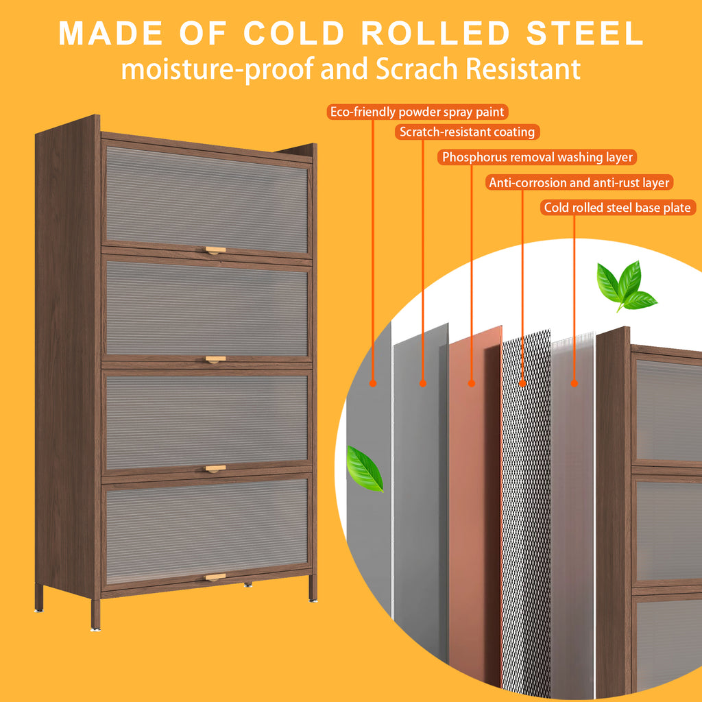 57'' Tall Metal 4 Flip Doors Cabinet, with Ample Storage Space for Bedroom, Office, Living Room, Hallway, Entryway (Walnut) Storage Cabinet