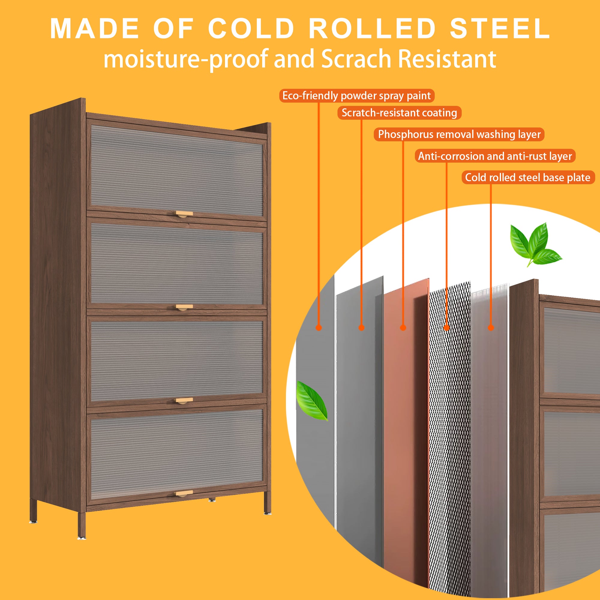 57'' Tall Metal 4 Flip Doors Cabinet, with Ample Storage Space for Bedroom, Office, Living Room, Hallway, Entryway (Walnut) Storage Cabinet