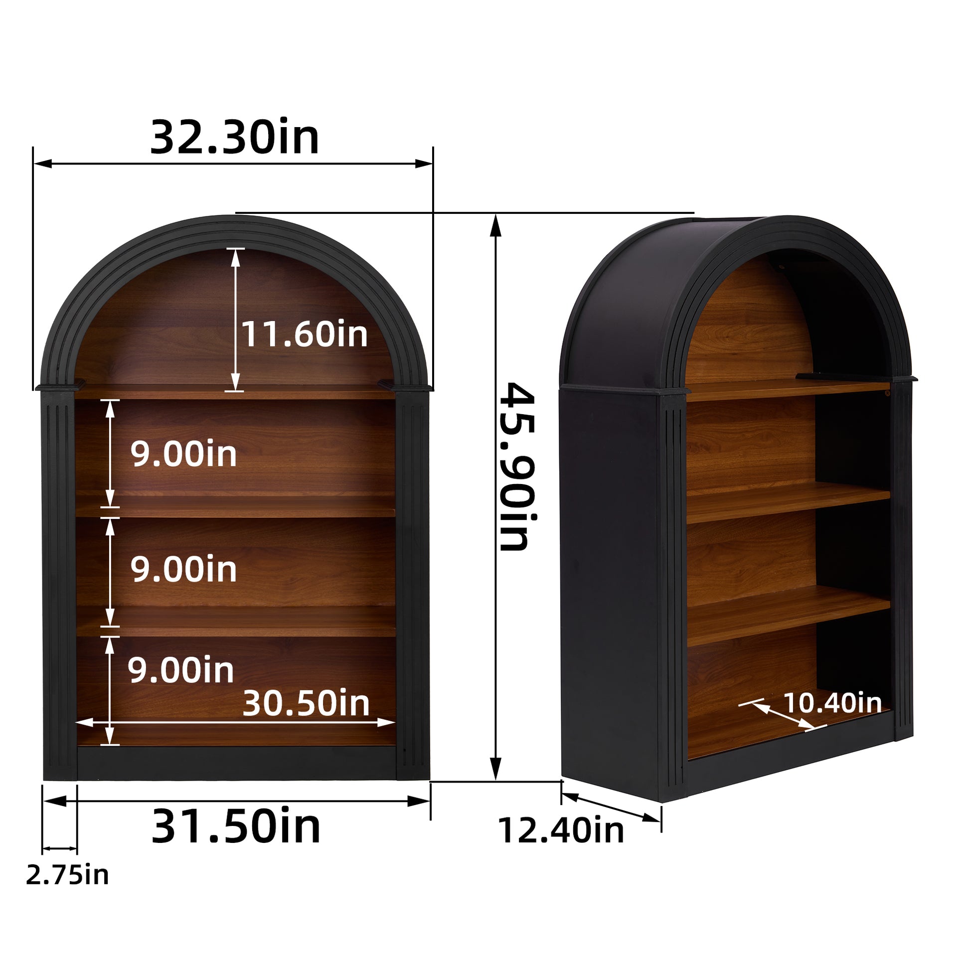 Bookcase, 4-Shelf Tall Bookshelf, 45.66' Wood Open Display Floor Arched Bookcase, Large Storage Organizer for Library, Bedroom, and Living Room (Black)