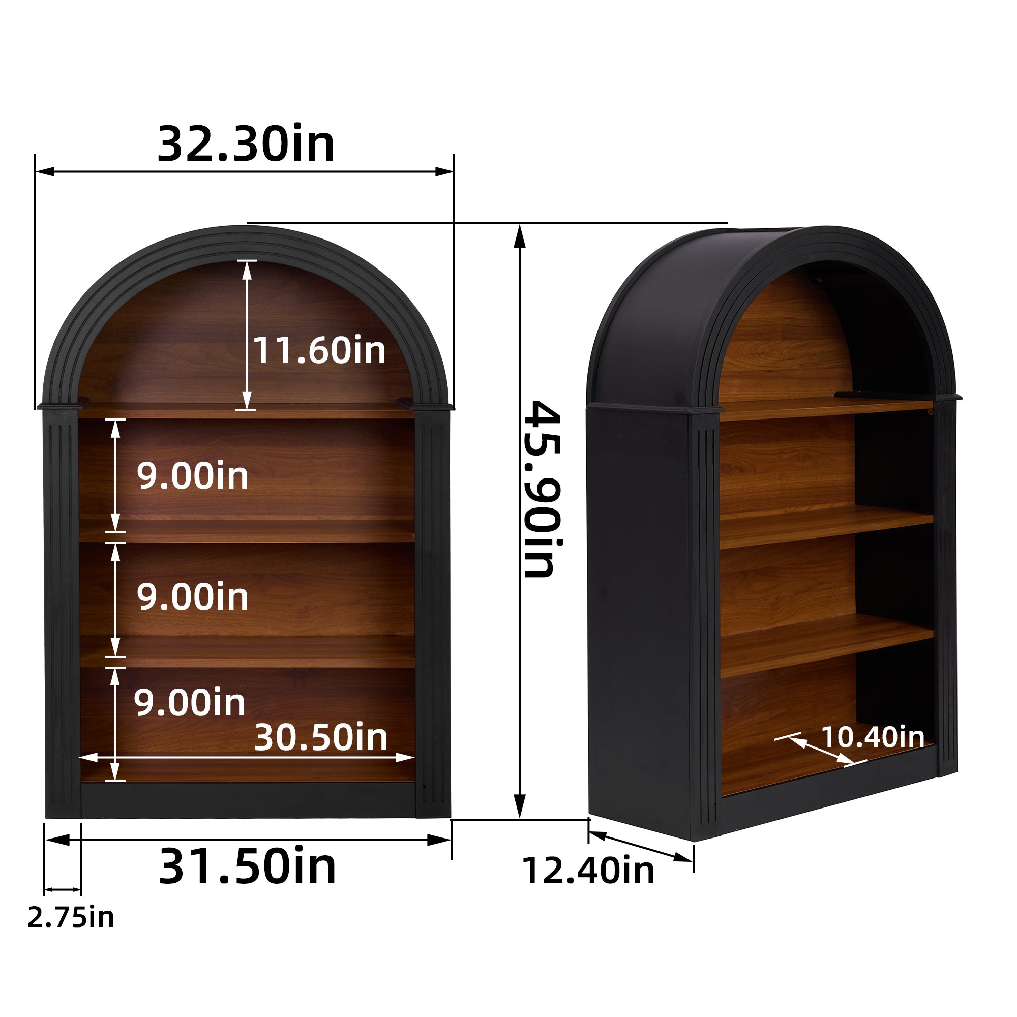 Bookcase, 4-Shelf Tall Bookshelf, 45.66' Wood Open Display Floor Arched Bookcase, Large Storage Organizer for Library, Bedroom, and Living Room (Black)