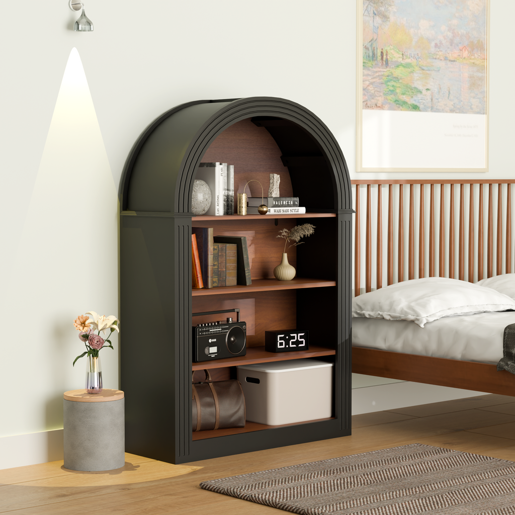 Bookcase, 4-Shelf Tall Bookshelf, 45.66' Wood Open Display Floor Arched Bookcase, Large Storage Organizer for Library, Bedroom, and Living Room (Black)