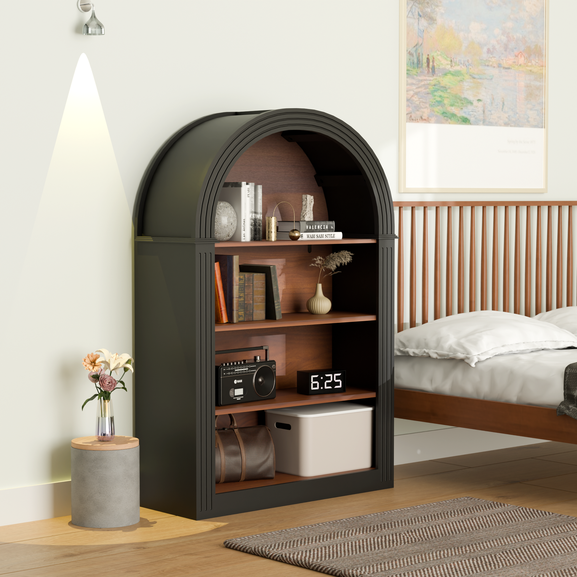 Bookcase, 4-Shelf Tall Bookshelf, 45.66' Wood Open Display Floor Arched Bookcase, Large Storage Organizer for Library, Bedroom, and Living Room (Black)