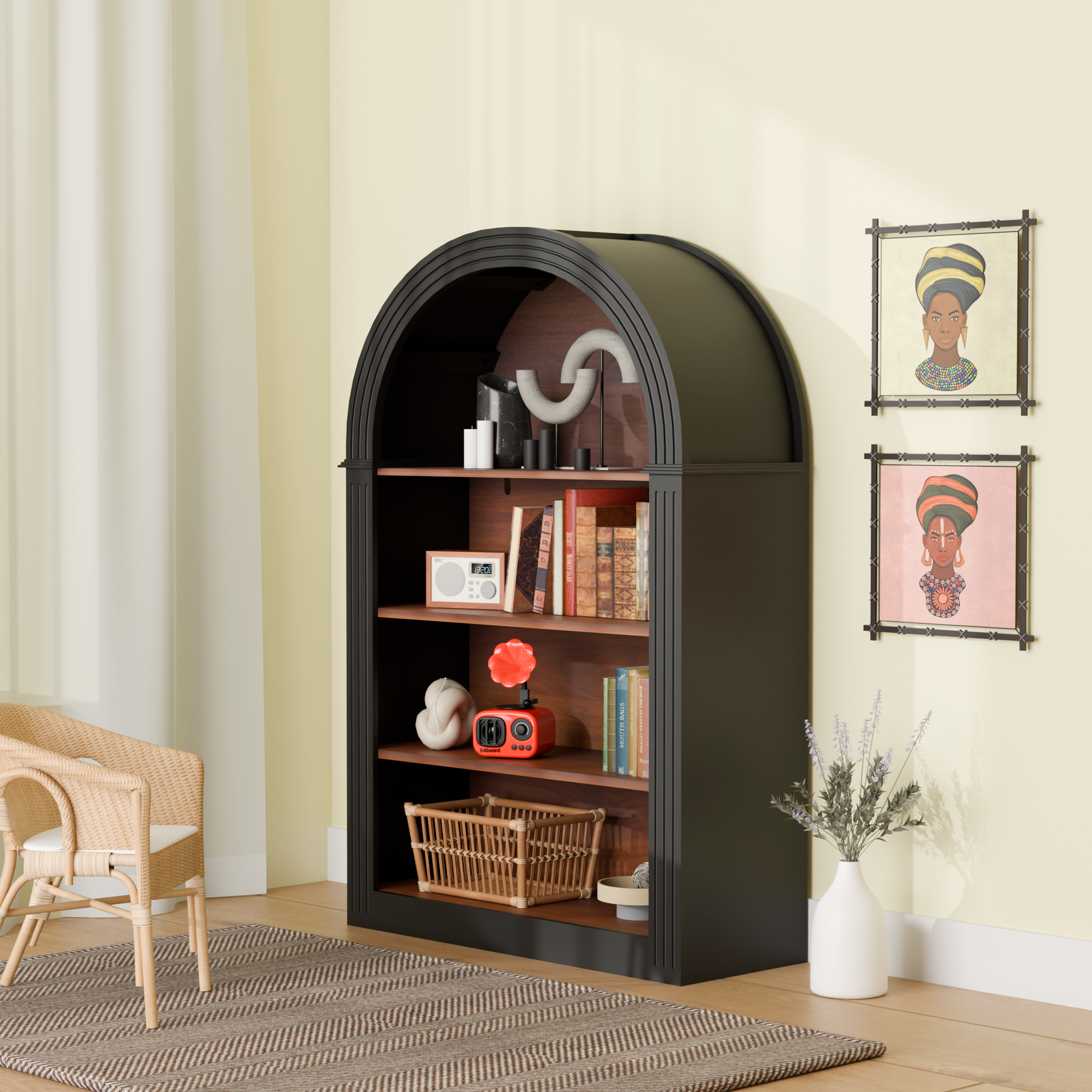 Bookcase, 4-Shelf Tall Bookshelf, 45.66' Wood Open Display Floor Arched Bookcase, Large Storage Organizer for Library, Bedroom, and Living Room (Black)