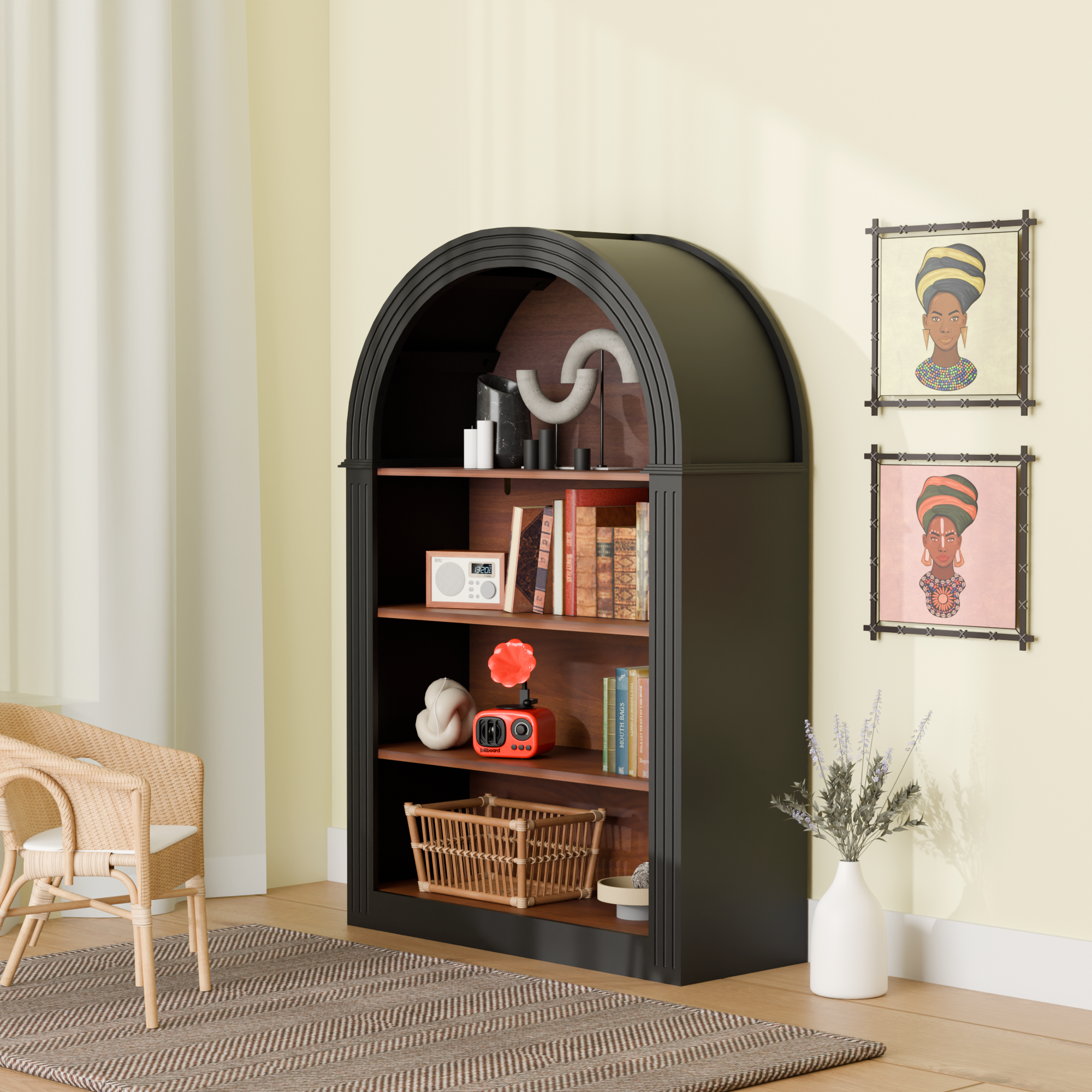 Bookcase, 4-Shelf Tall Bookshelf, 45.66' Wood Open Display Floor Arched Bookcase, Large Storage Organizer for Library, Bedroom, and Living Room (Black)