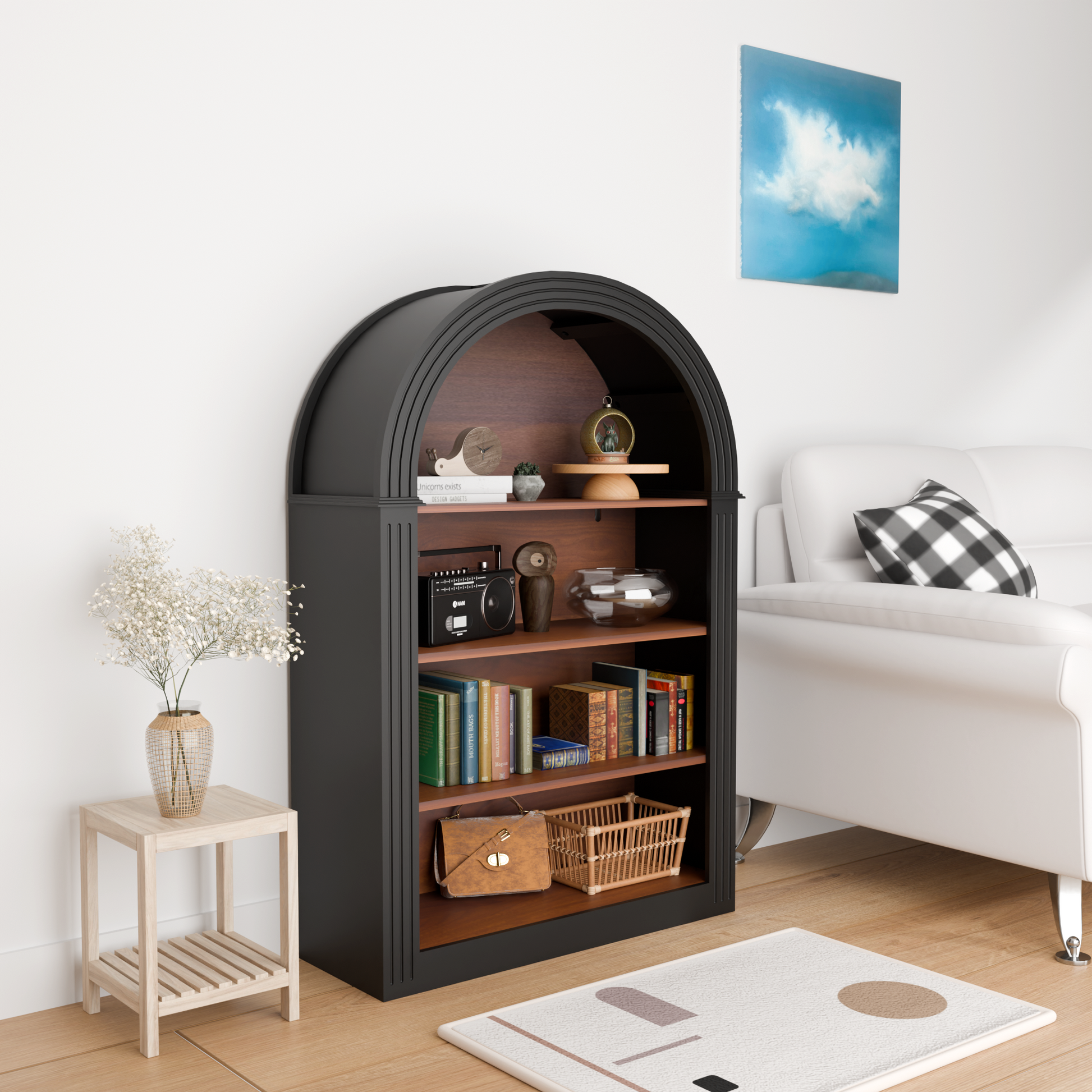 Bookcase, 4-Shelf Tall Bookshelf, 45.66' Wood Open Display Floor Arched Bookcase, Large Storage Organizer for Library, Bedroom, and Living Room (Black)
