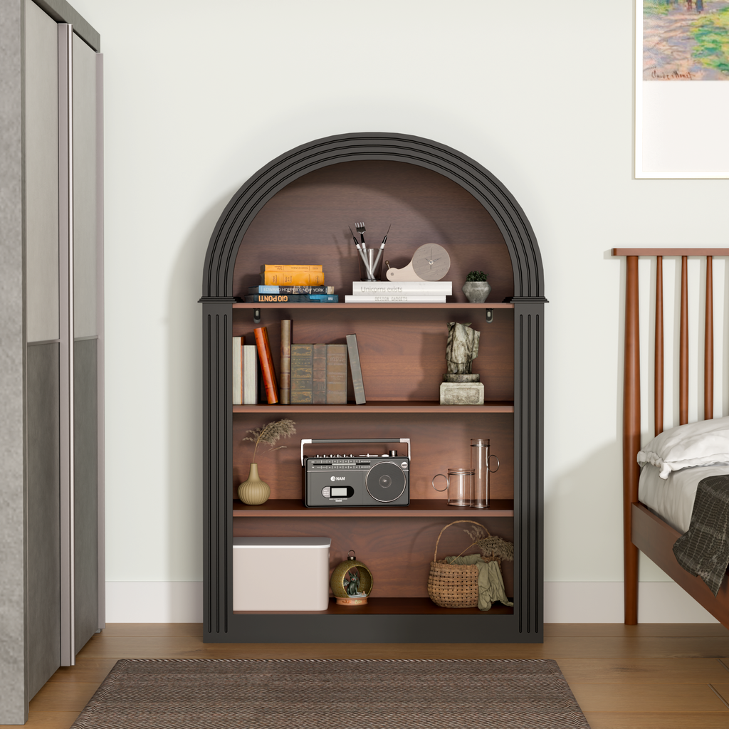 Bookcase, 4-Shelf Tall Bookshelf, 45.66' Wood Open Display Floor Arched Bookcase, Large Storage Organizer for Library, Bedroom, and Living Room (Black)