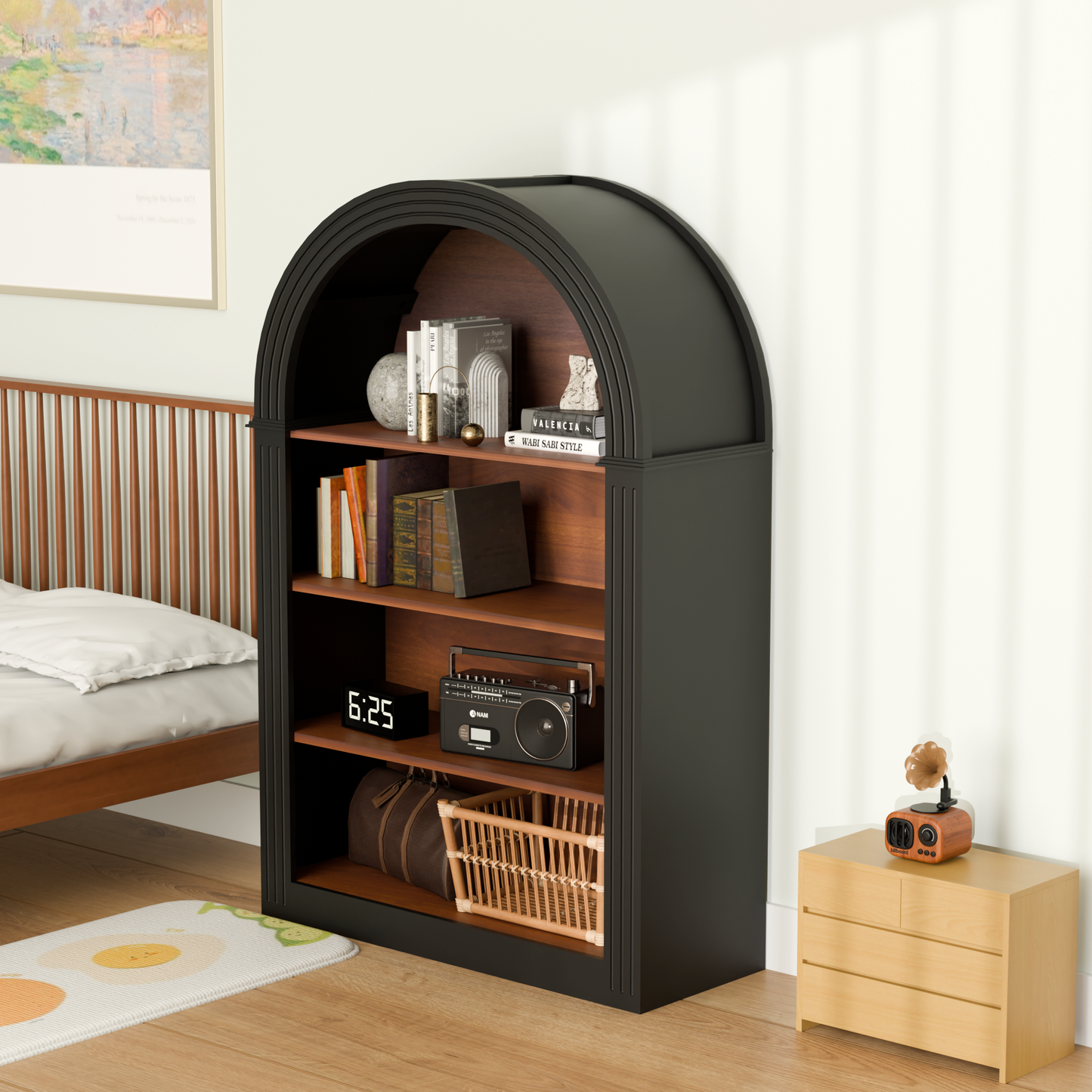 Bookcase, 4-Shelf Tall Bookshelf, 45.66' Wood Open Display Floor Arched Bookcase, Large Storage Organizer for Library, Bedroom, and Living Room (Black)