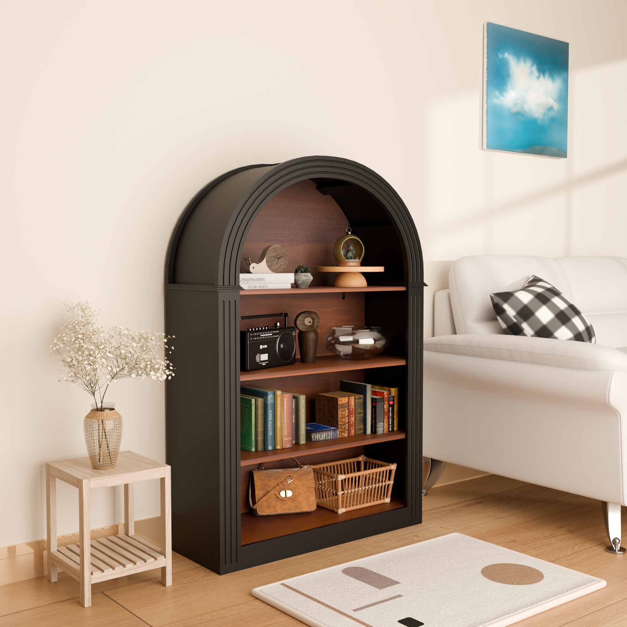 Bookcase, 4-Shelf Tall Bookshelf, 45.66' Wood Open Display Floor Arched Bookcase, Large Storage Organizer for Library, Bedroom, and Living Room (Black)