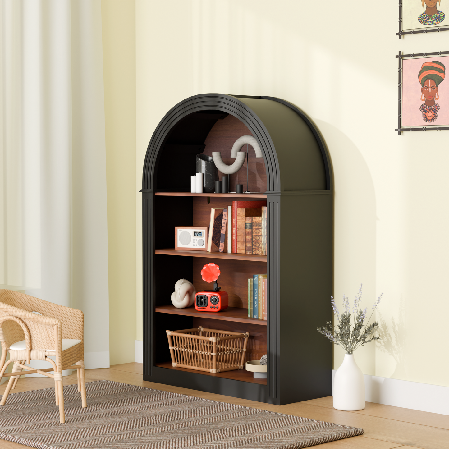 Bookcase, 4-Shelf Tall Bookshelf, 45.66' Wood Open Display Floor Arched Bookcase, Large Storage Organizer for Library, Bedroom, and Living Room (Black)