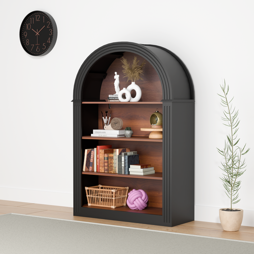 Tall Black Wood 4-Shelf Arched Bookcase Organizer.