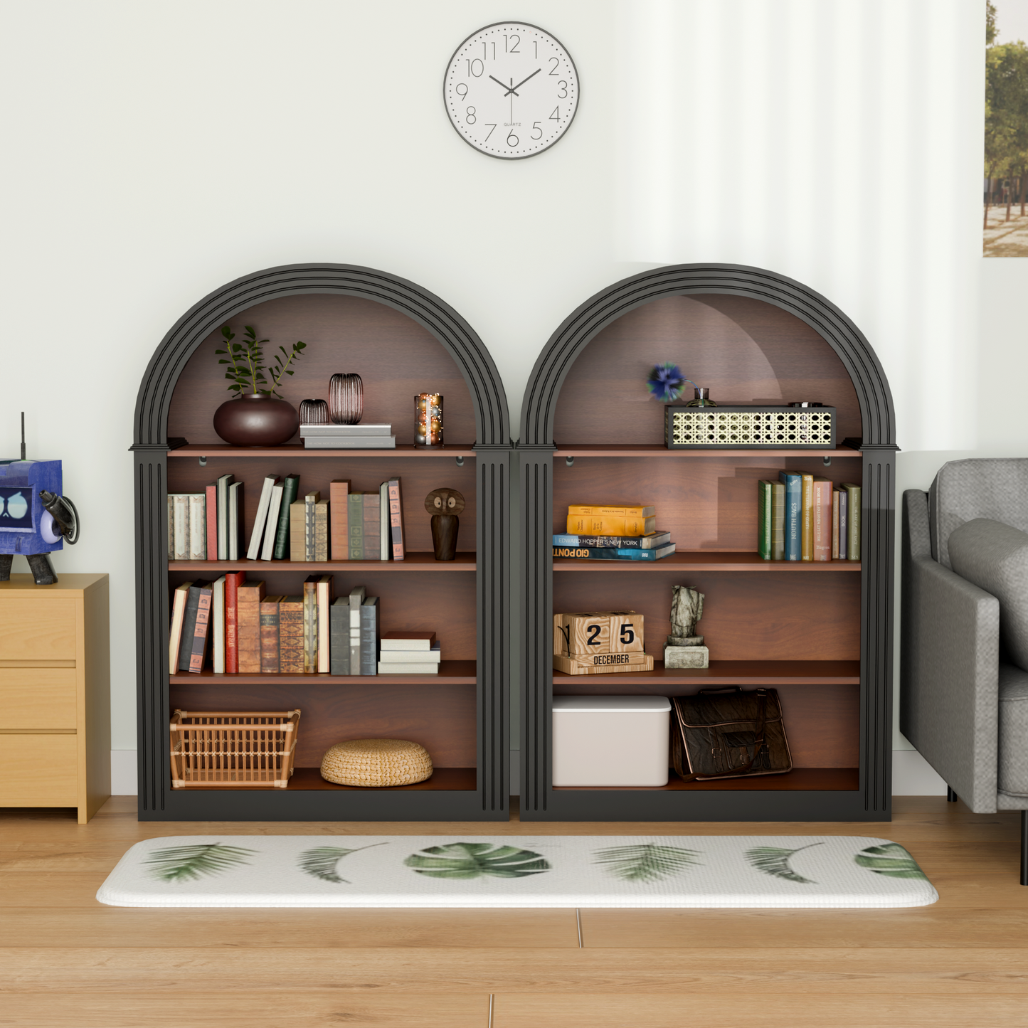 Bookcase, 4-Shelf Tall Bookshelf, 45.66' Wood Open Display Floor Arched Bookcase, Large Storage Organizer for Library, Bedroom, and Living Room (Black)