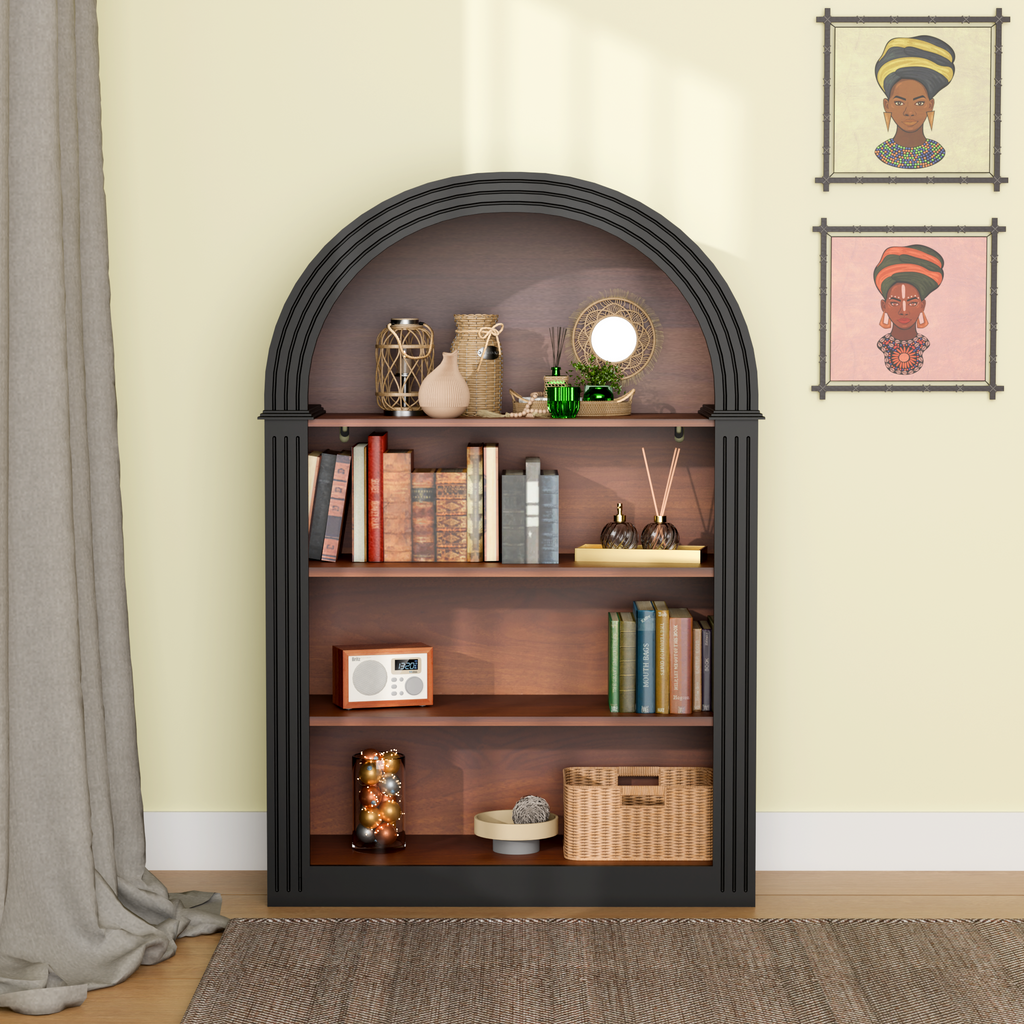 Bookcase, 4-Shelf Tall Bookshelf, 45.66' Wood Open Display Floor Arched Bookcase, Large Storage Organizer for Library, Bedroom, and Living Room (Black)