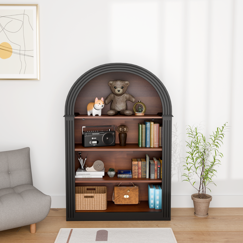 Tall Black Wood 4-Shelf Arched Bookcase Organizer.