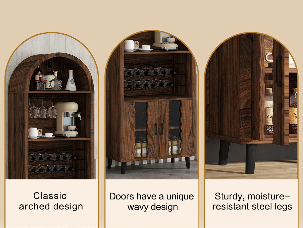 71'Farmhouse Arched Bar Cabinet: tall arched display cabinet , arch wine bar cabinets &coffee bar, whiskey station with wine rack and Wine Glass Holder - Liquor Bars Cabinet for Living Dining Room