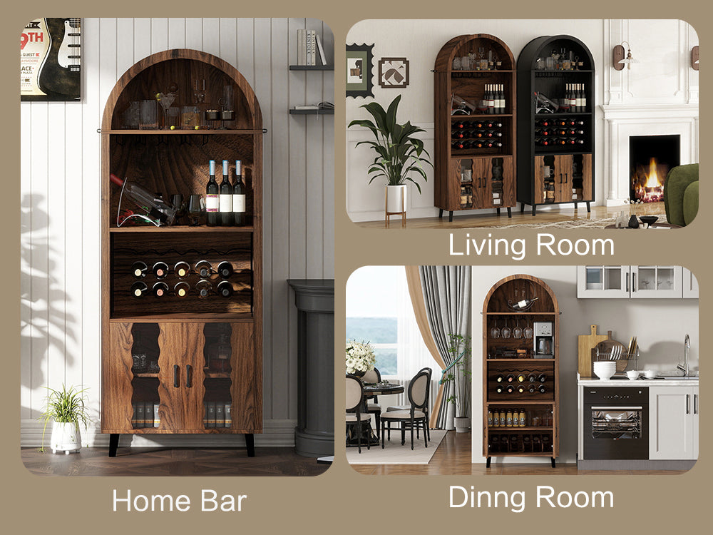 71'Farmhouse Arched Bar Cabinet: tall arched display cabinet , arch wine bar cabinets &coffee bar, whiskey station with wine rack and Wine Glass Holder - Liquor Bars Cabinet for Living Dining Room
