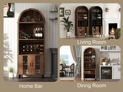 71'Farmhouse Arched Bar Cabinet: tall arched display cabinet , arch wine bar cabinets &coffee bar, whiskey station with wine rack and Wine Glass Holder - Liquor Bars Cabinet for Living Dining Room
