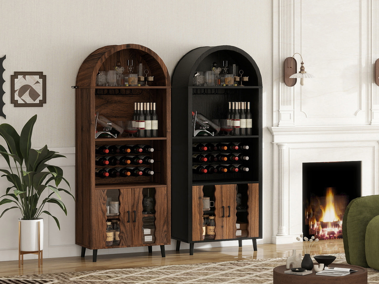71'Farmhouse Arched Bar Cabinet: tall arched display cabinet , arch wine bar cabinets &coffee bar, whiskey station with wine rack and Wine Glass Holder - Liquor Bars Cabinet for Living Dining Room