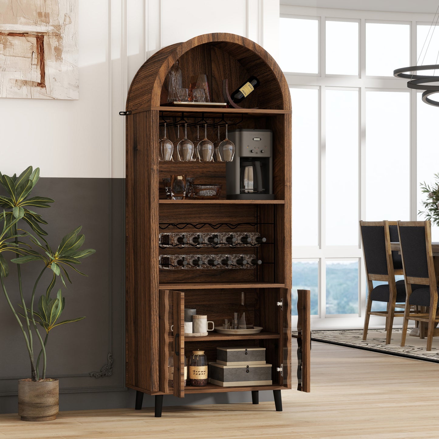 71'Farmhouse Arched Bar Cabinet: tall arched display cabinet , arch wine bar cabinets &coffee bar, whiskey station with wine rack and Wine Glass Holder - Liquor Bars Cabinet for Living Dining Room