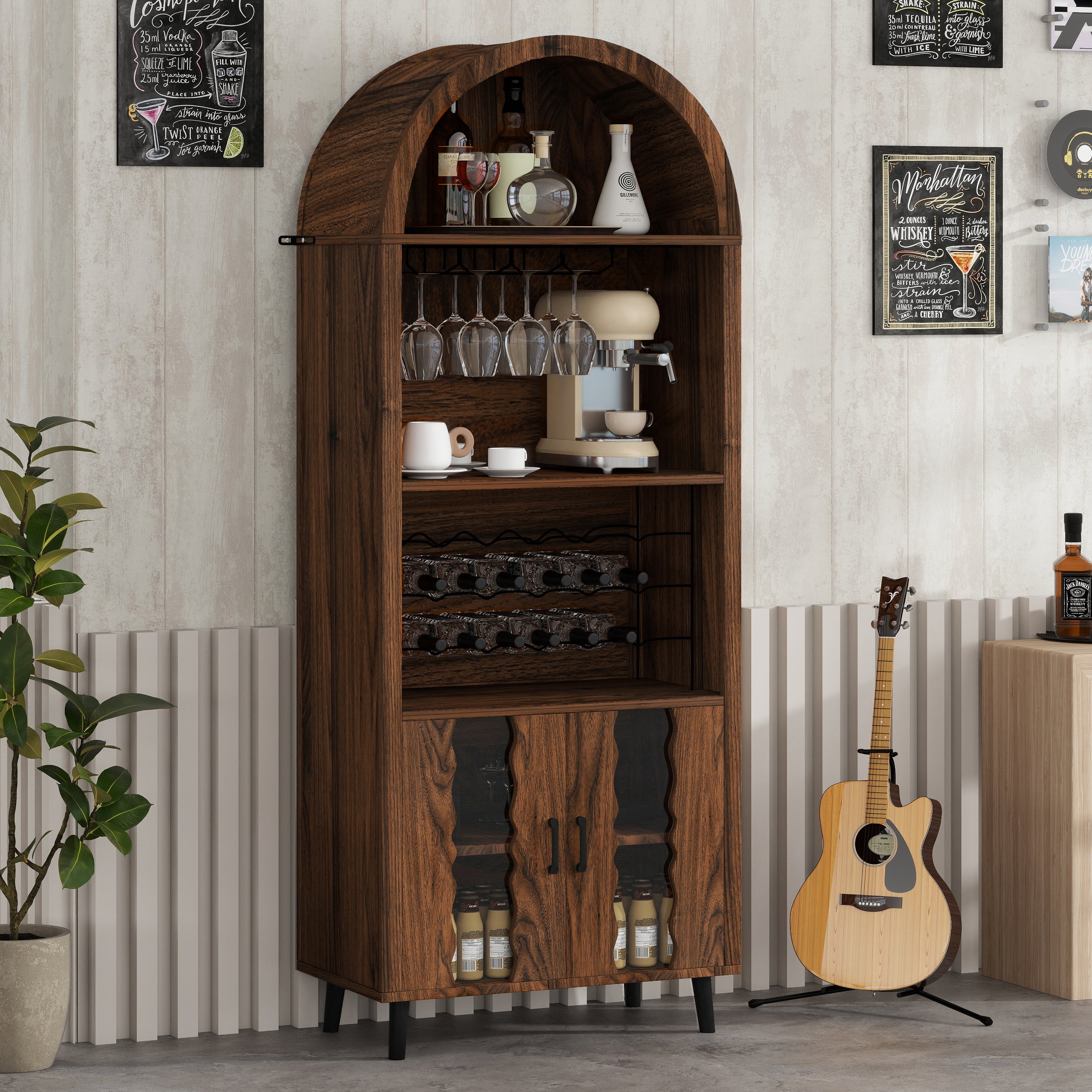 71'Farmhouse Arched Bar Cabinet: tall arched display cabinet , arch wine bar cabinets &coffee bar, whiskey station with wine rack and Wine Glass Holder - Liquor Bars Cabinet for Living Dining Room