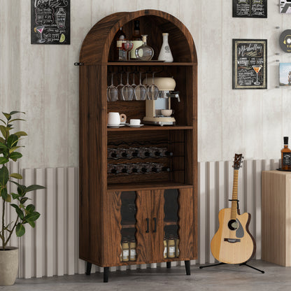 71'Farmhouse Arched Bar Cabinet: tall arched display cabinet , arch wine bar cabinets &coffee bar, whiskey station with wine rack and Wine Glass Holder - Liquor Bars Cabinet for Living Dining Room