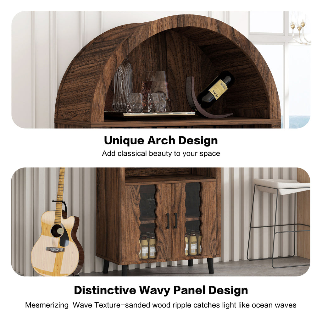 71'Farmhouse Arched Bar Cabinet: tall arched display cabinet , arch wine bar cabinets &coffee bar, whiskey station with wine rack and Wine Glass Holder - Liquor Bars Cabinet for Living Dining Room