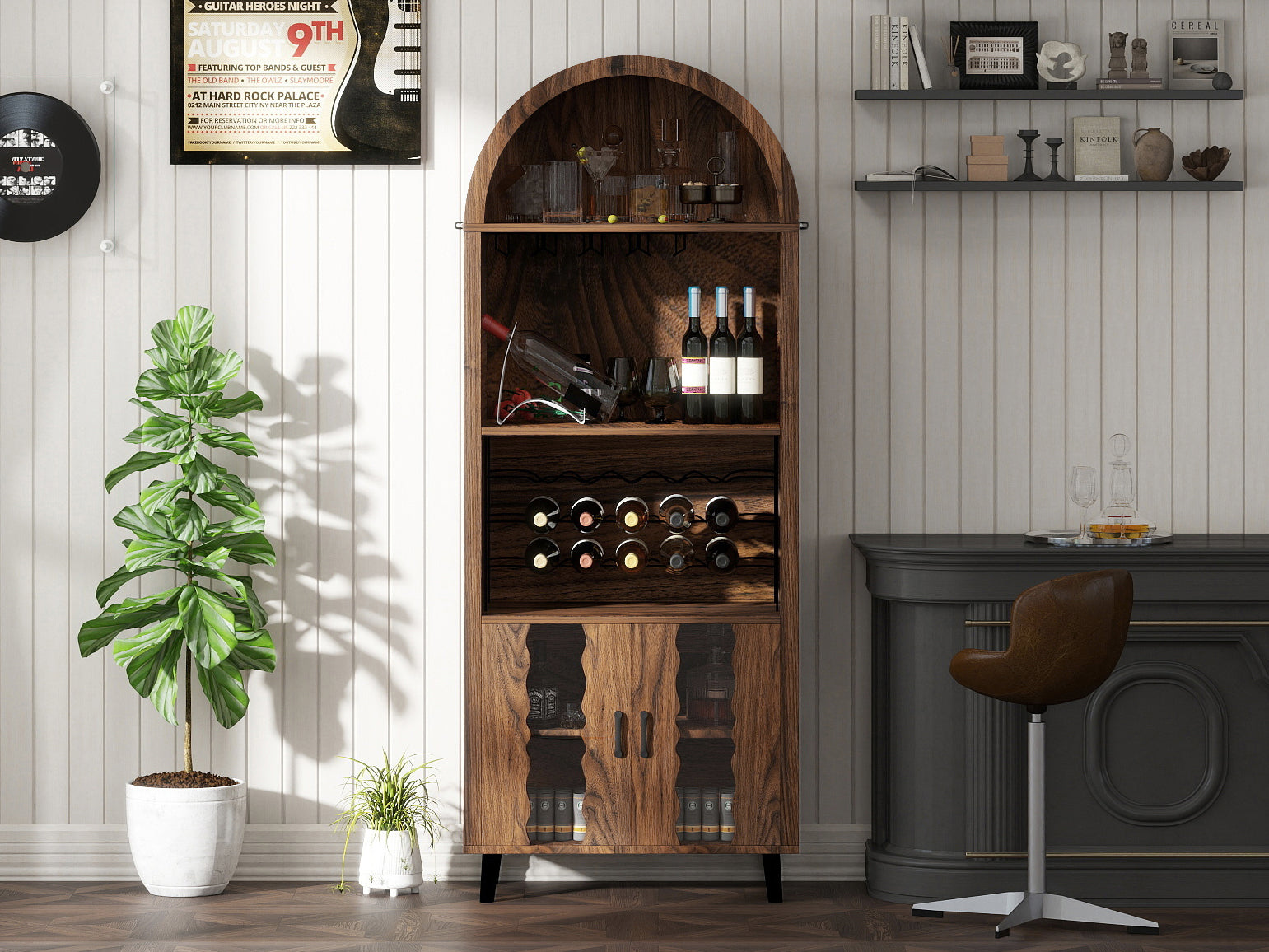 71'Farmhouse Arched Bar Cabinet: tall arched display cabinet , arch wine bar cabinets &coffee bar, whiskey station with wine rack and Wine Glass Holder - Liquor Bars Cabinet for Living Dining Room