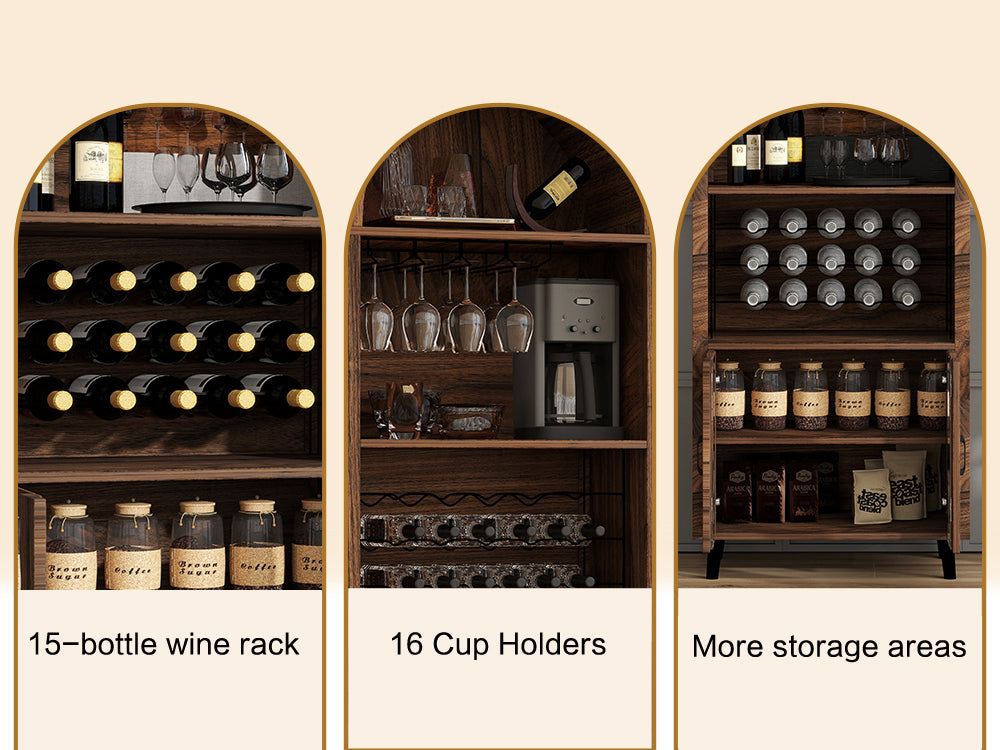 71'Farmhouse Arched Bar Cabinet: tall arched display cabinet , arch wine bar cabinets &coffee bar, whiskey station with wine rack and Wine Glass Holder - Liquor Bars Cabinet for Living Dining Room