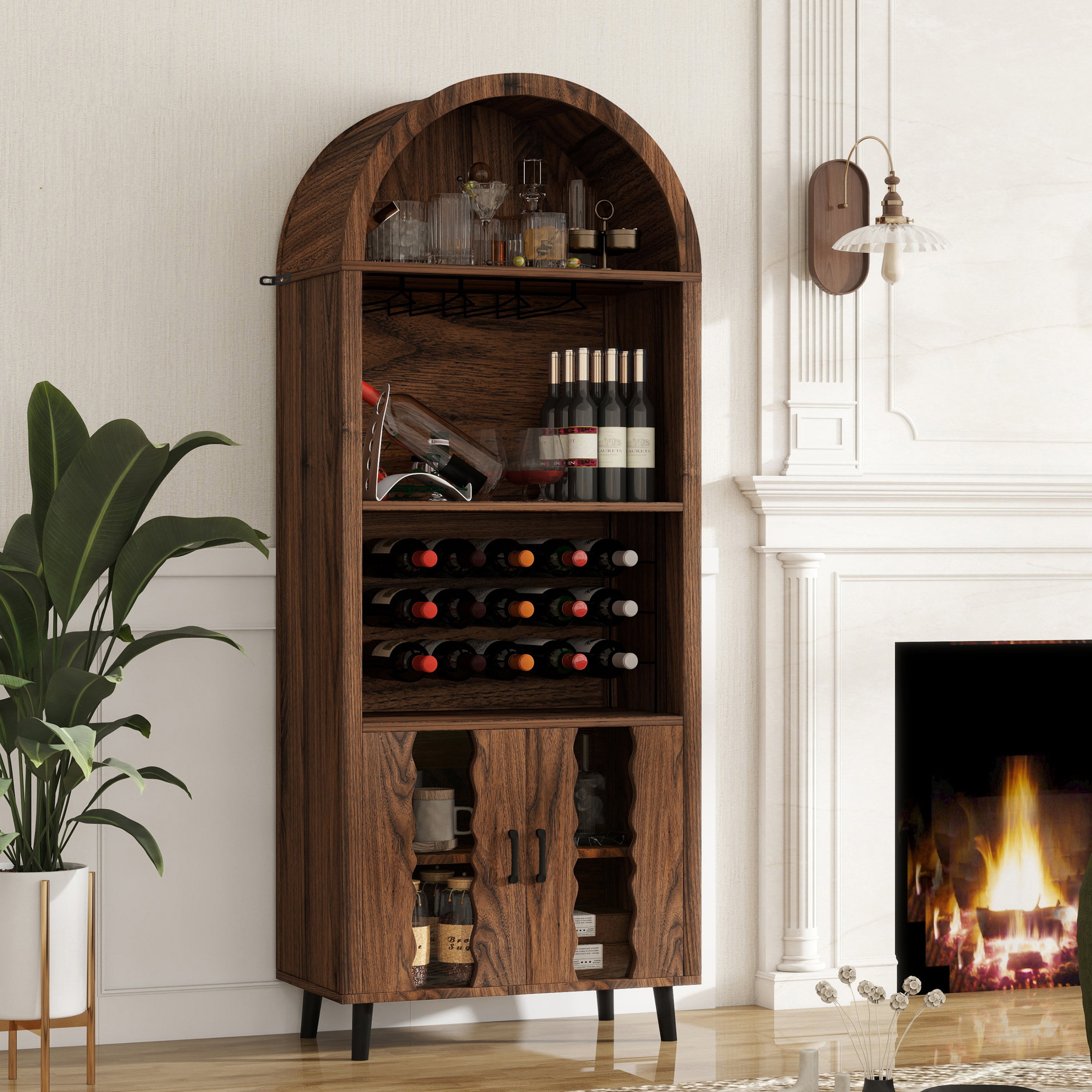71'Farmhouse Arched Bar Cabinet: tall arched display cabinet , arch wine bar cabinets &coffee bar, whiskey station with wine rack and Wine Glass Holder - Liquor Bars Cabinet for Living Dining Room