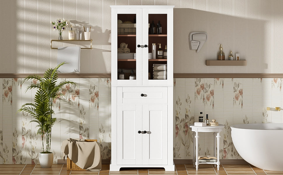 67.2' Tall Bathroom Storage Cabinet with Tempered Glass Doors, Adjustable Shelves & Drawer – Modern Freestanding Linen Tower, Soft-Close Design
