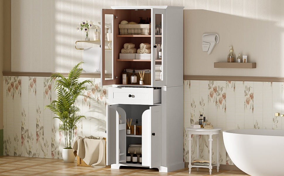 67.2' Tall Bathroom Storage Cabinet with Tempered Glass Doors, Adjustable Shelves & Drawer – Modern Freestanding Linen Tower, Soft-Close Design