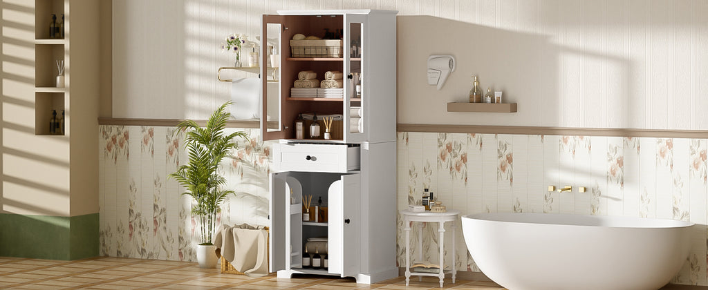67.2' Tall Bathroom Storage Cabinet with Tempered Glass Doors, Adjustable Shelves & Drawer – Modern Freestanding Linen Tower, Soft-Close Design