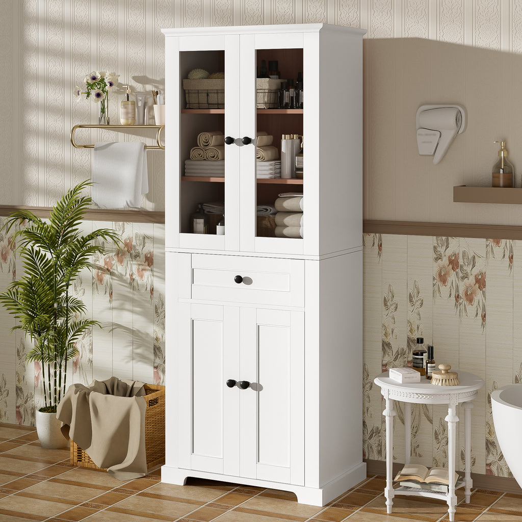 67.2' Tall Bathroom Storage Cabinet with Tempered Glass Doors, Adjustable Shelves & Drawer – Modern Freestanding Linen Tower, Soft-Close Design