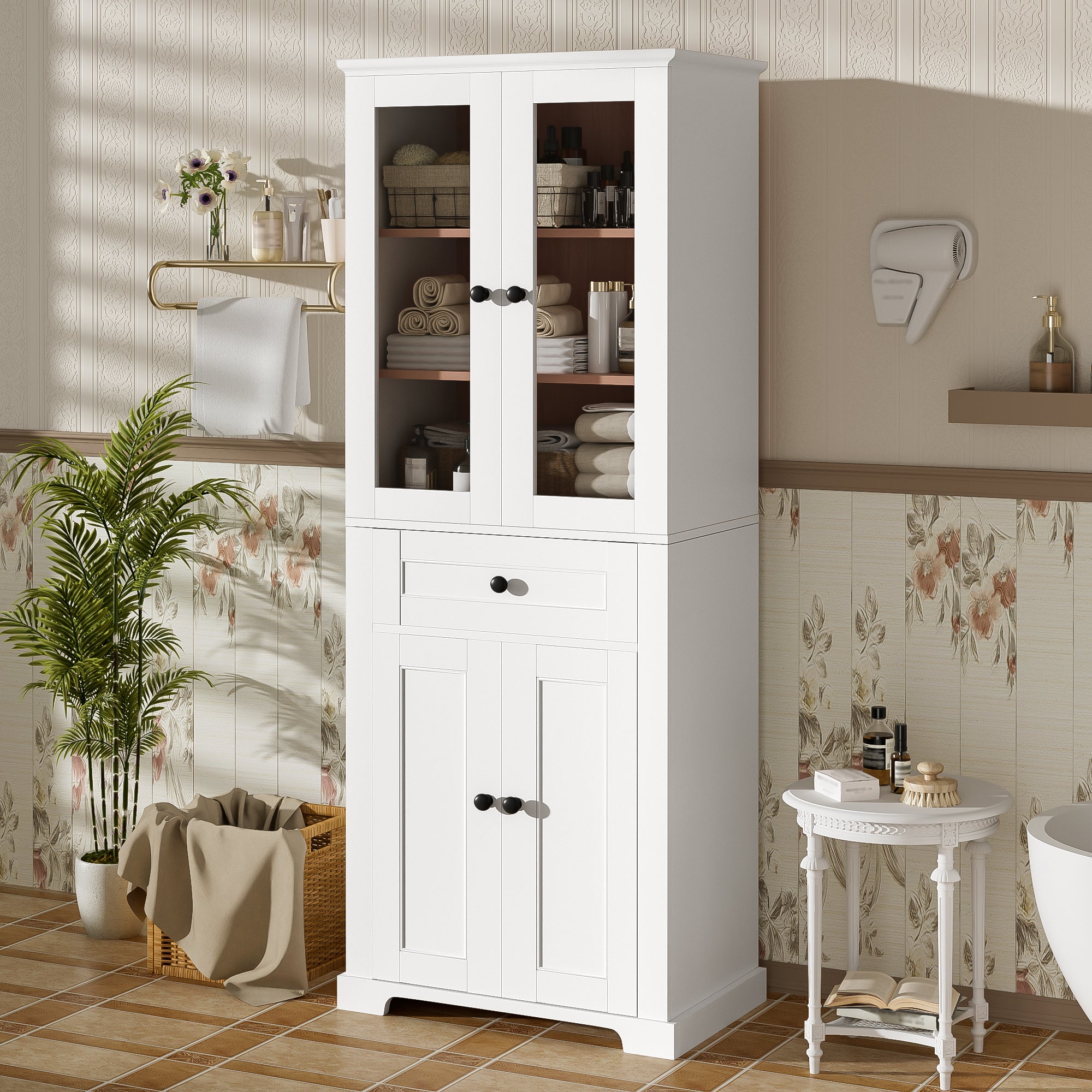 67.2' Tall Bathroom Storage Cabinet with Tempered Glass Doors, Adjustable Shelves & Drawer – Modern Freestanding Linen Tower, Soft-Close Design