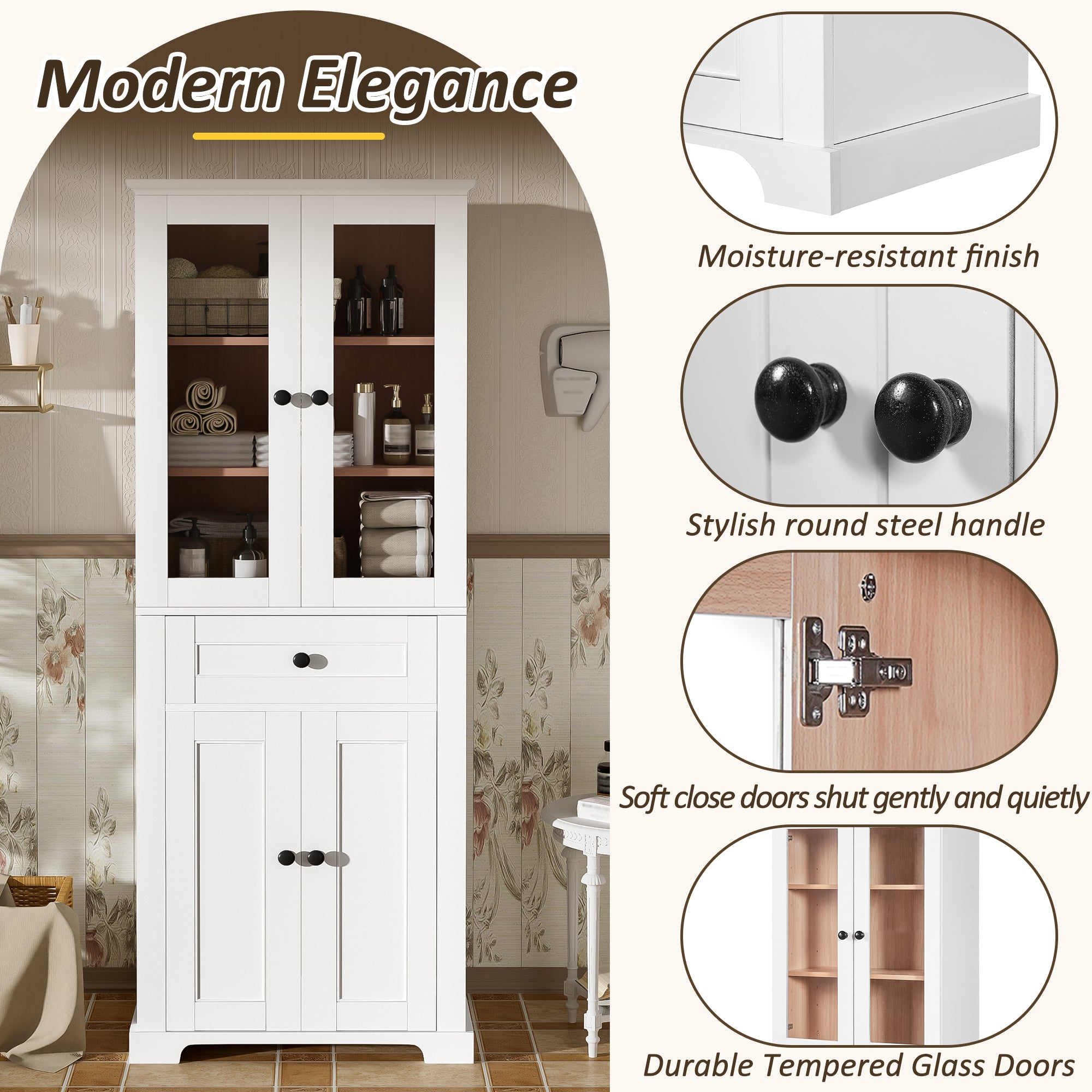 67.2' Tall Bathroom Storage Cabinet with Tempered Glass Doors, Adjustable Shelves & Drawer – Modern Freestanding Linen Tower, Soft-Close Design