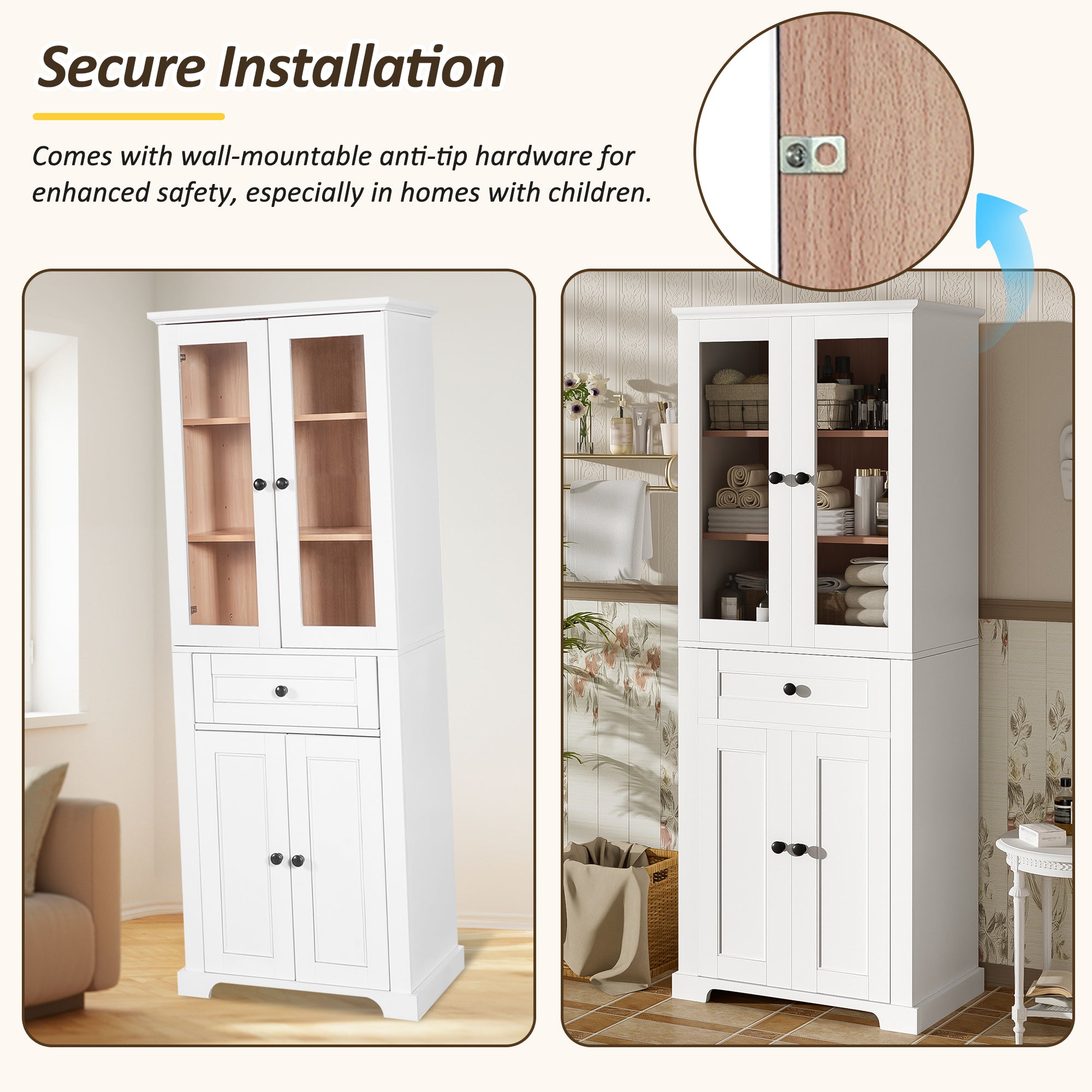 67.2' Tall Bathroom Storage Cabinet with Tempered Glass Doors, Adjustable Shelves & Drawer – Modern Freestanding Linen Tower, Soft-Close Design