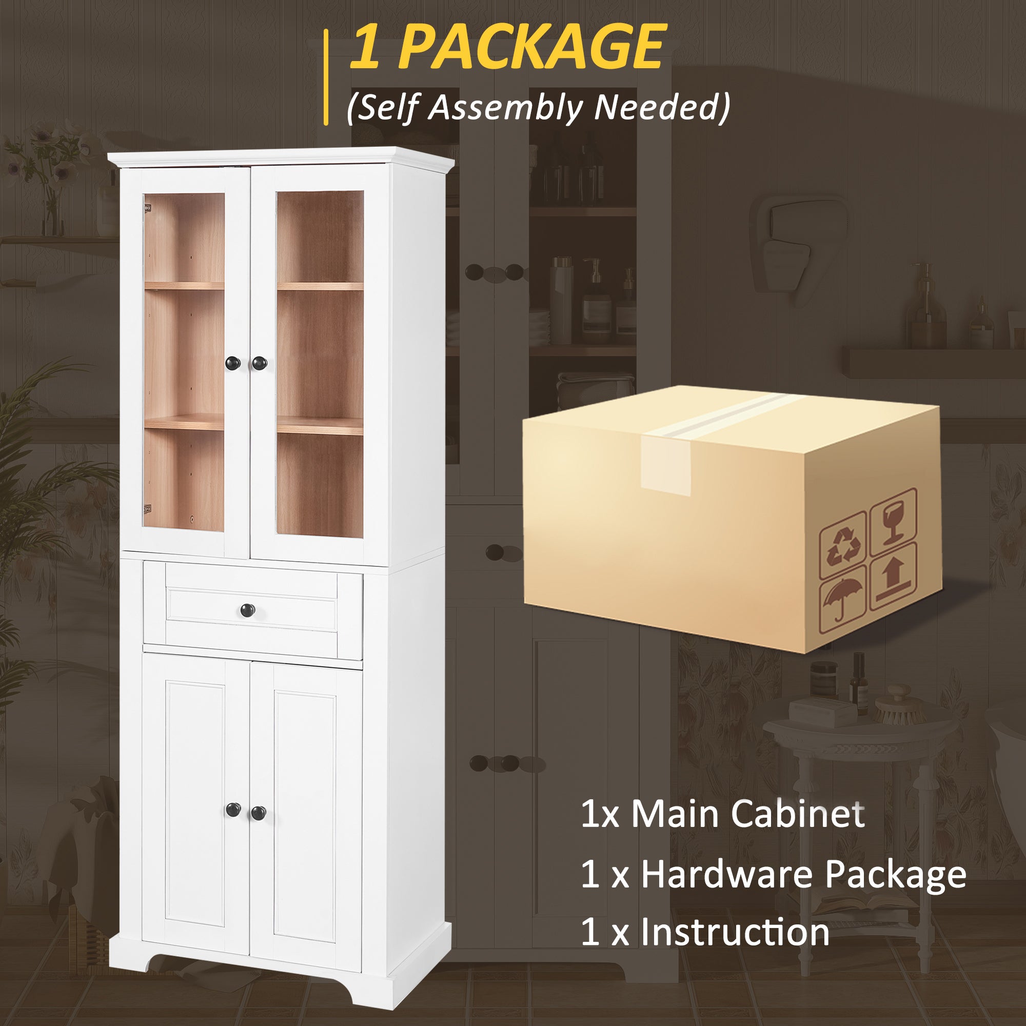 67.2' Tall Bathroom Storage Cabinet with Tempered Glass Doors, Adjustable Shelves & Drawer – Modern Freestanding Linen Tower, Soft-Close Design