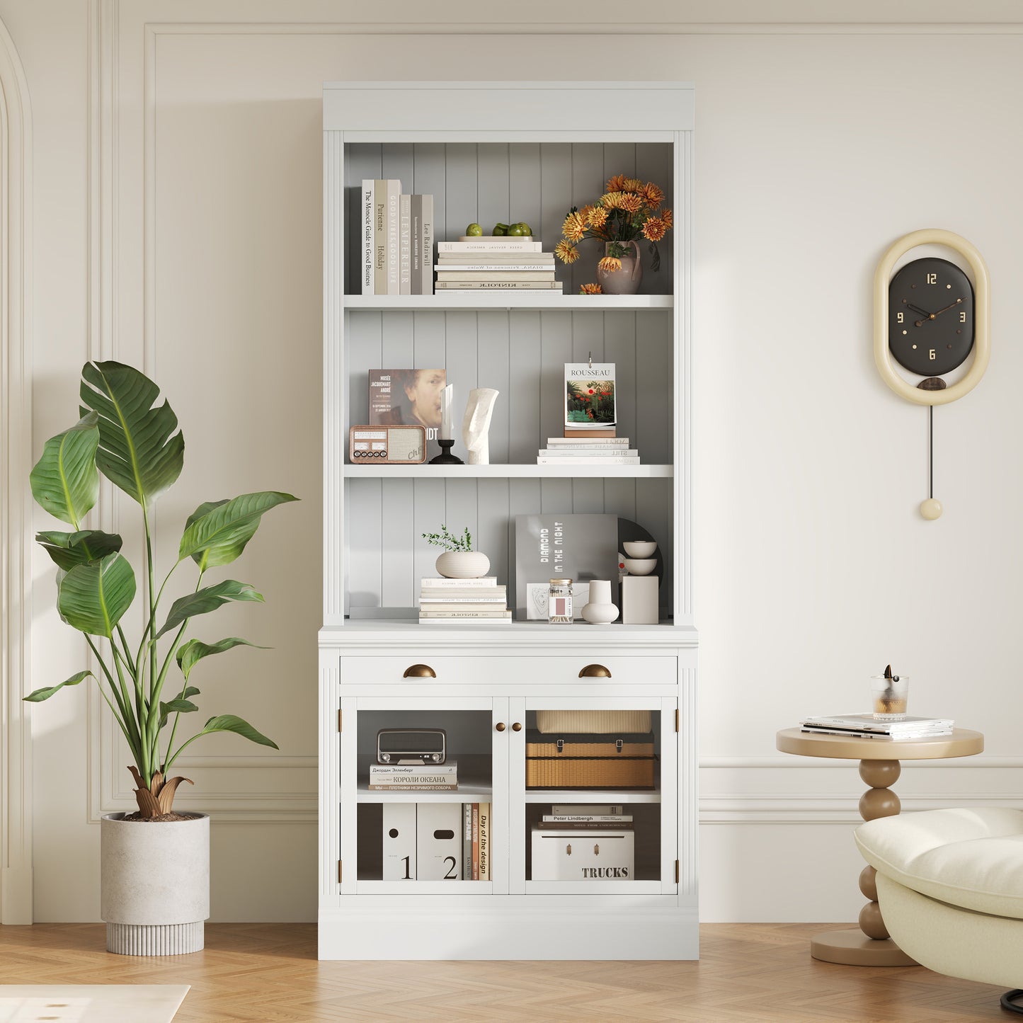 83.4'Tall Bookshelf, Modern Bookcase with 2 Glass Doors and 1 Drawer,Storage Bookcase with Open Shelves for Living Room,Home Office,White