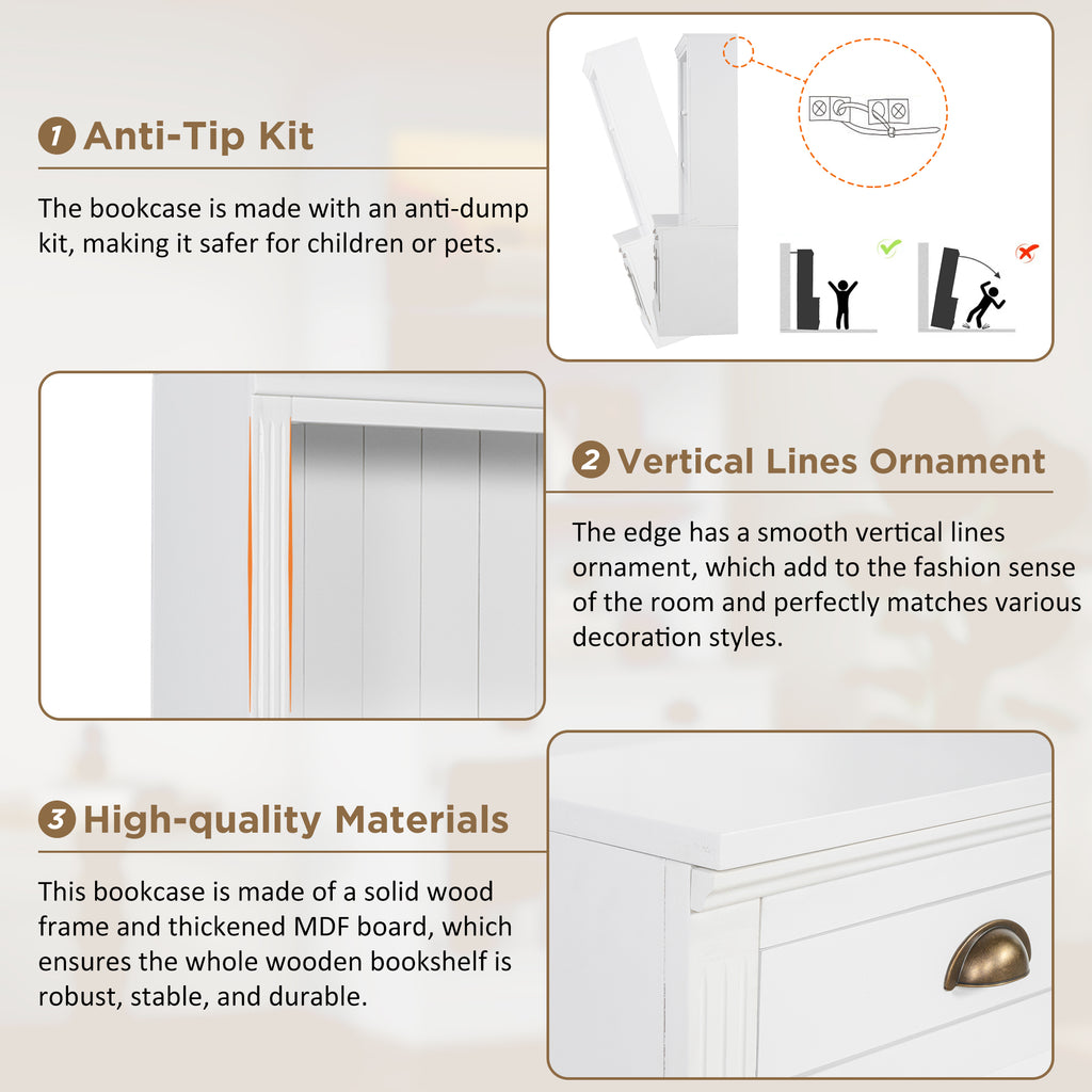 83.4'Tall Bookshelf, Modern Bookcase with 2 Glass Doors and 1 Drawer,Storage Bookcase with Open Shelves for Living Room,Home Office,White