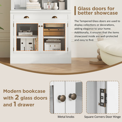83.4'Tall Bookshelf, Modern Bookcase with 2 Glass Doors and 1 Drawer,Storage Bookcase with Open Shelves for Living Room,Home Office,White