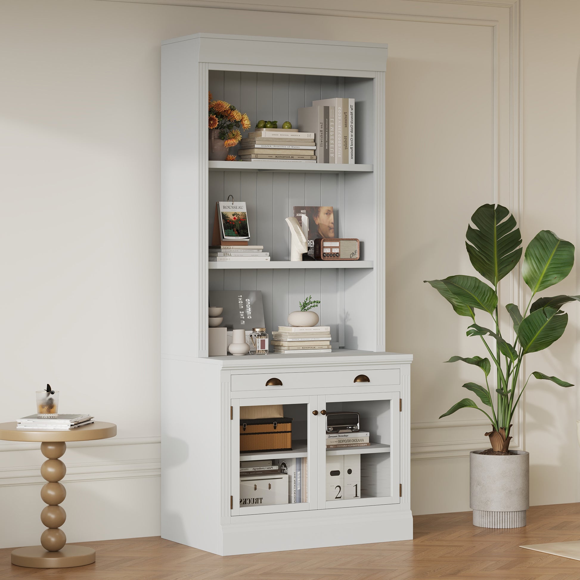 83.4'Tall Bookshelf, Modern Bookcase with 2 Glass Doors and 1 Drawer,Storage Bookcase with Open Shelves for Living Room,Home Office,White