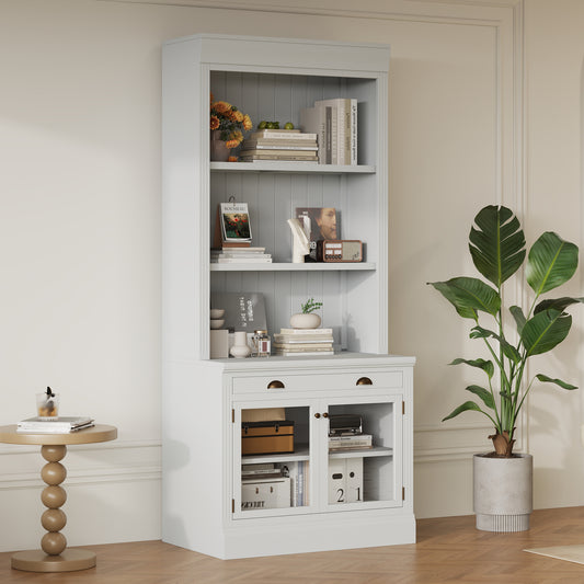 83.4'Tall Bookshelf, Modern Bookcase with 2 Glass Doors and 1 Drawer,Storage Bookcase with Open Shelves for Living Room,Home Office,White