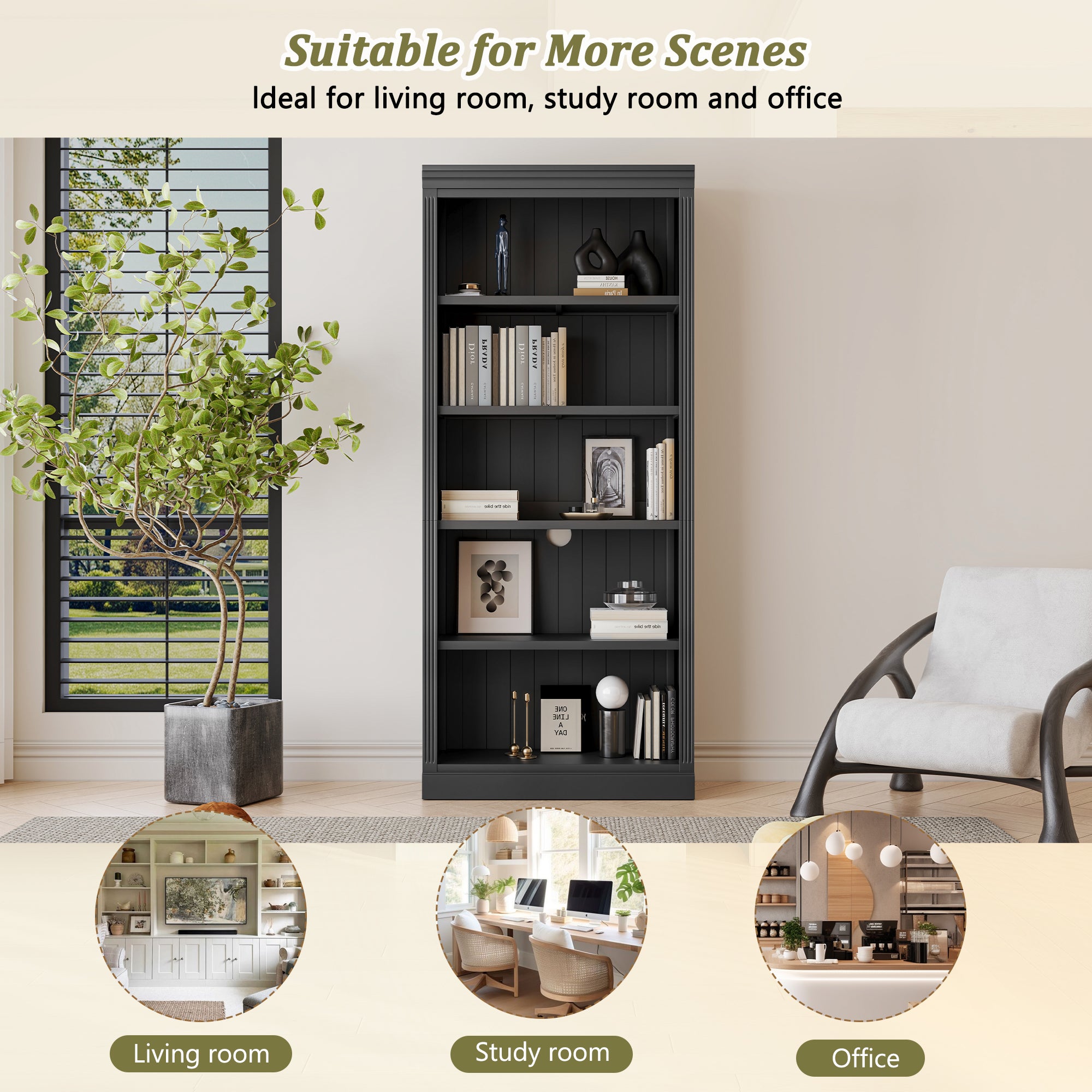 83' Tall Wood Bookcase Suite with light strip ,5-Tier Home Decor Bookcase Suite with Adjustable Shelves,Storage Organizer,Free Standing Storage Shelves Suite for Living Room,Home Office,Black