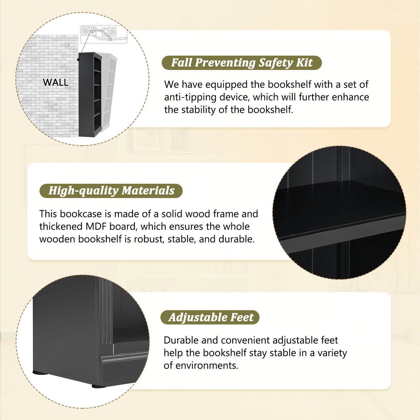 83' Tall Wood Bookcase Suite with light strip ,5-Tier Home Decor Bookcase Suite with Adjustable Shelves,Storage Organizer,Free Standing Storage Shelves Suite for Living Room,Home Office,Black