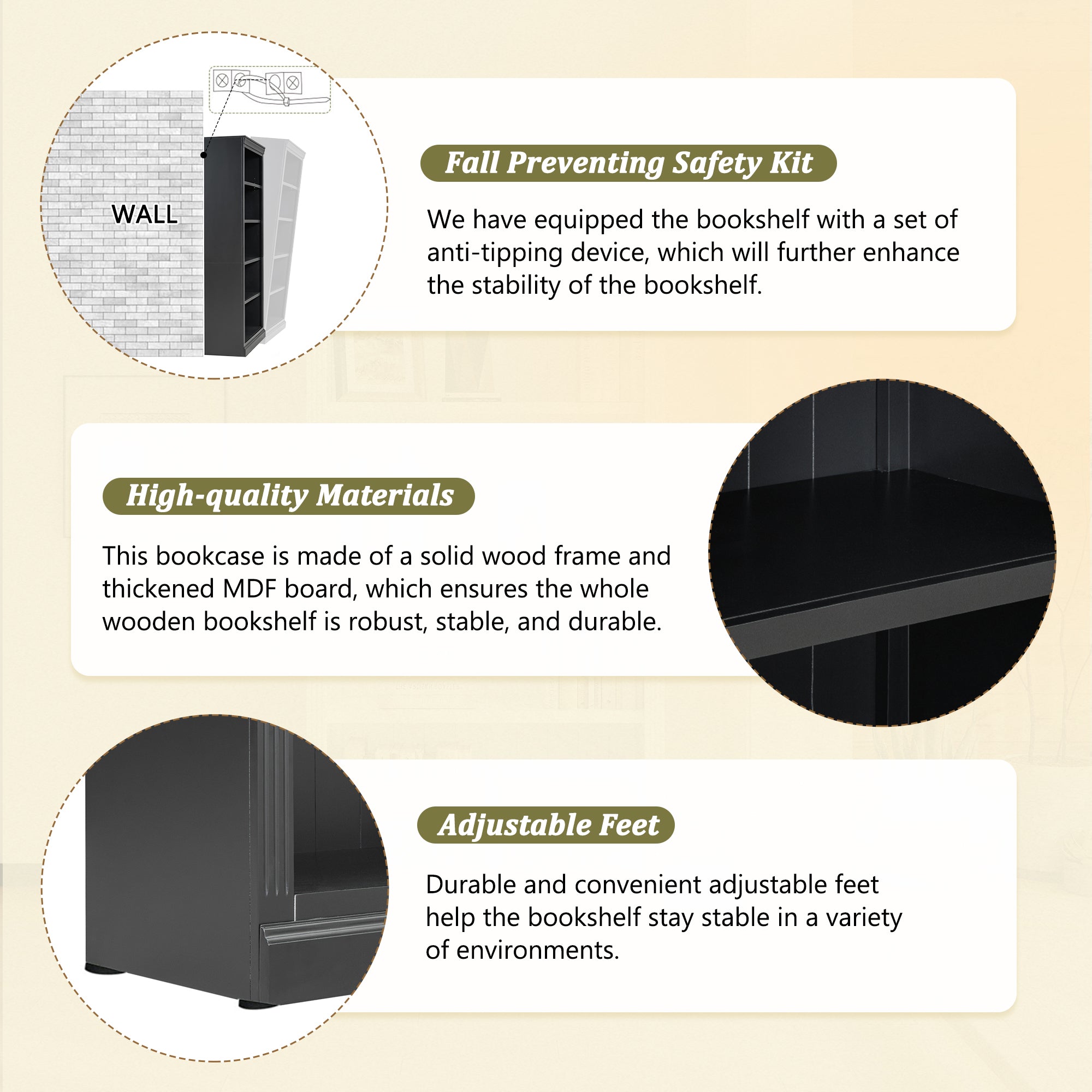 83' Tall Wood Bookcase Suite with light strip ,5-Tier Home Decor Bookcase Suite with Adjustable Shelves,Storage Organizer,Free Standing Storage Shelves Suite for Living Room,Home Office,Black