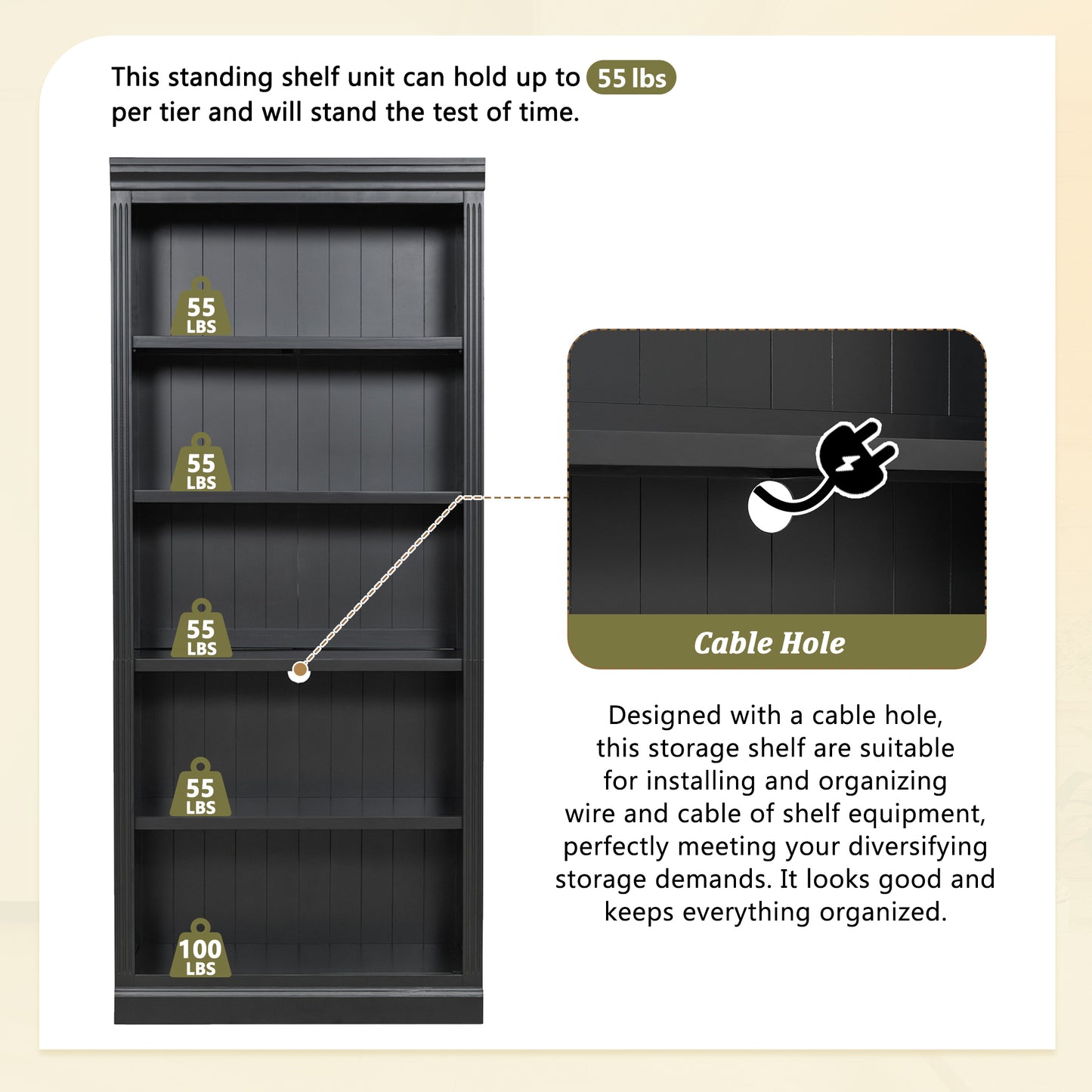 83' Tall Wood Bookcase Suite with light strip ,5-Tier Home Decor Bookcase Suite with Adjustable Shelves,Storage Organizer,Free Standing Storage Shelves Suite for Living Room,Home Office,Black