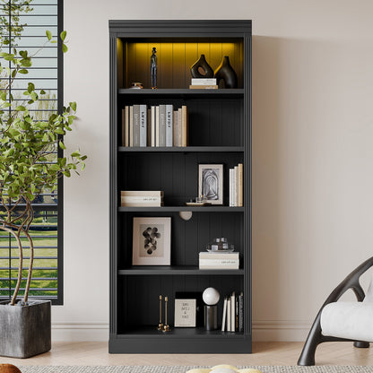 83' Tall Wood Bookcase Suite with light strip ,5-Tier Home Decor Bookcase Suite with Adjustable Shelves,Storage Organizer,Free Standing Storage Shelves Suite for Living Room,Home Office,Black