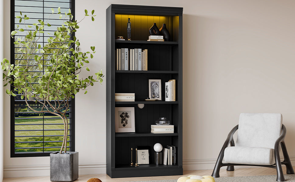 83' Tall Wood Bookcase Suite with light strip ,5-Tier Home Decor Bookcase Suite with Adjustable Shelves,Storage Organizer,Free Standing Storage Shelves Suite for Living Room,Home Office,Black