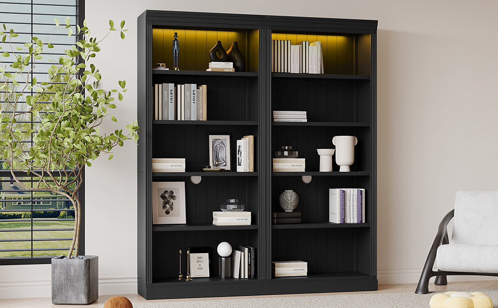 83' Tall Wood Bookcase Suite with light strip ,5-Tier Home Decor Bookcase Suite with Adjustable Shelves,Storage Organizer,Free Standing Storage Shelves Suite for Living Room,Home Office,Black